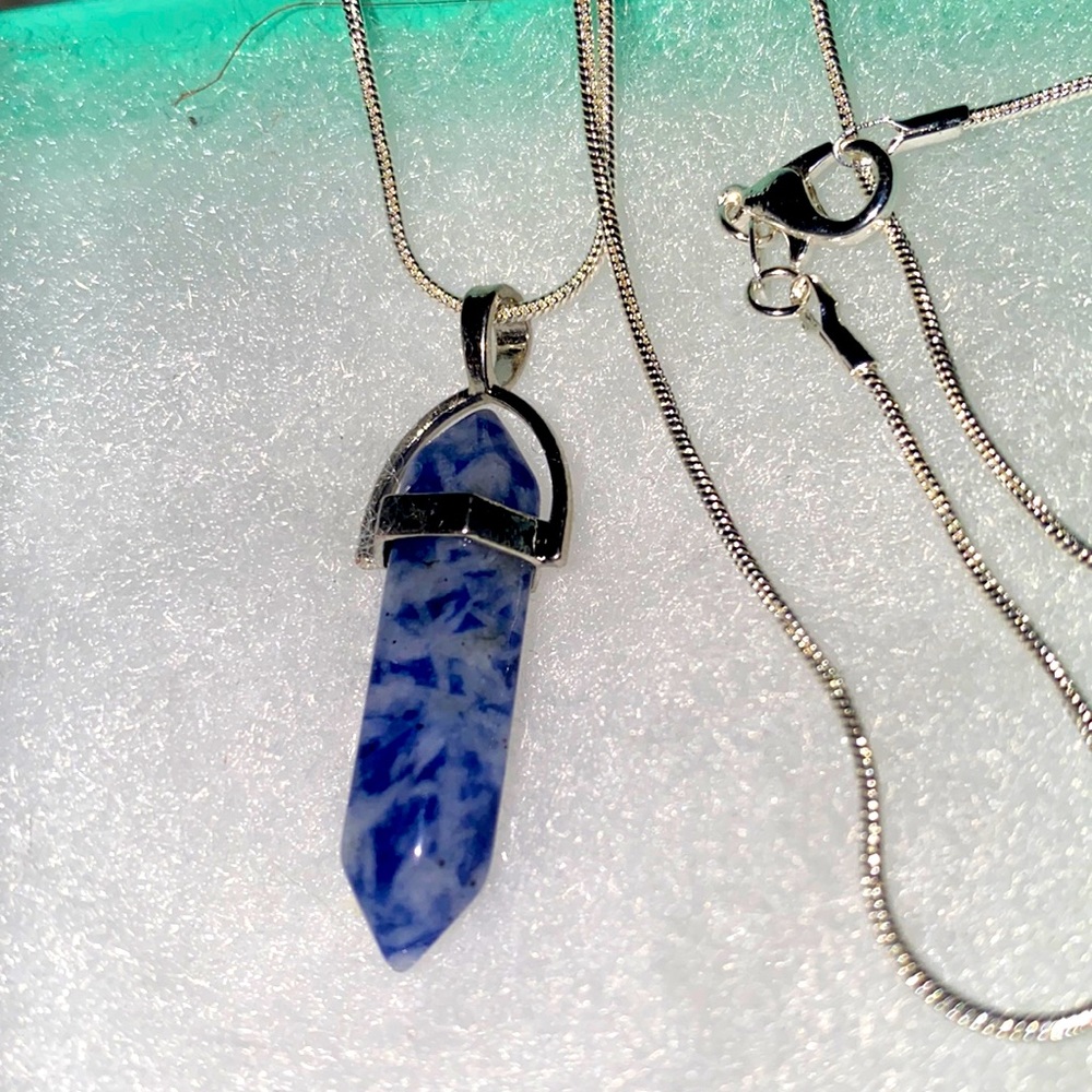 Blue and White Sodalite Sterling Silver Necklace 24”